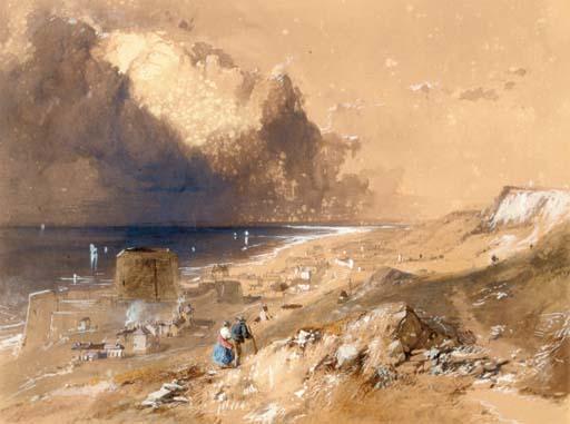 James Baker Pyne - Figures walking on the cliffs above Sandgate, Kent