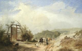 James Baker Pyne - Wooded Landscape, With Drover, Cattle And Goats On A Path