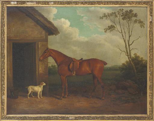 James Barenger - A chestnut hunter and hound outside a stable