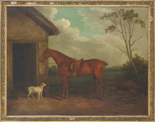 James Barenger - A chestnut hunter and hound outside a stable