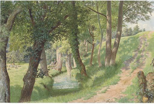 James Bateman, R.A. - Seated Figure Watching Sheep