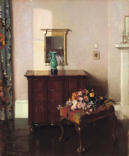James Bell Anderson, R.S.A. - Interior with a green vase
