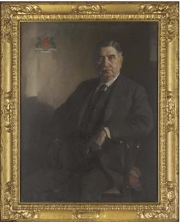 James Bell Anderson, R.S.A. - Portrait of Sir William Hannay Raeburn, three-quarter-length, seated in a dark suit, a coat-of-arms to the top right corner
