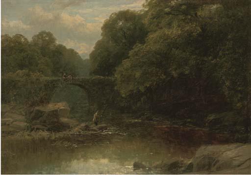 James Burrell Smith - An Angler In A Rocky River With A Bridge Beyond