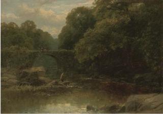 James Burrell Smith - An Angler In A Rocky River With A Bridge Beyond