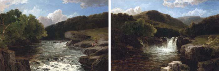 James Burrell Smith - Anglers by a rapid; and A waterfall in a mountainous landscape