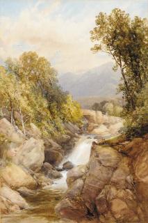 James Burrell Smith - Figures on a bridge beside a waterfall