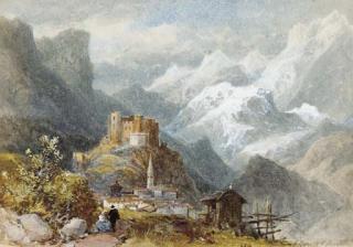 James Burrell Smith - Mount Cenis, with a view of an alpine village with two elderly figures in the foreground