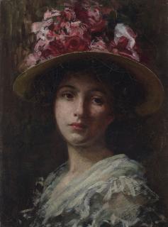 James Carroll Beckwith - Woman in Red Flowered Hat