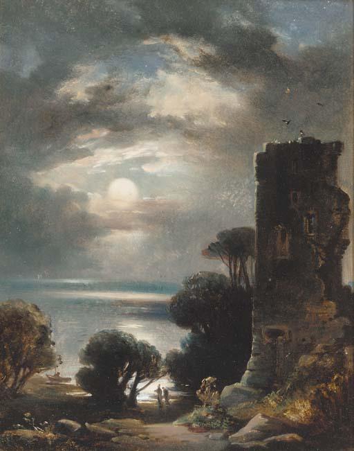 James Cassie, R.S.A., R.S.W. - Figures in a moonlit loch landscape with a ruined tower in the foreground