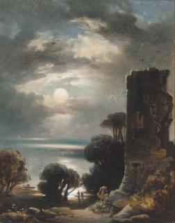 James Cassie, R.S.A., R.S.W. - Figures in a moonlit loch landscape with a ruined tower in the foreground