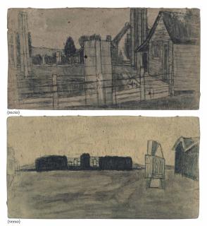 James Castle - Untitled (Dark Farmscape with Abstracted Elements / Landscape with Abstracted Building), double sided