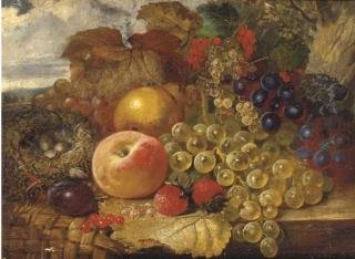 James Charles Ward, R.B.A., R.D.S.A. - Grapes, strawberries, a peach, a pear, red and whitecurrants with a bird\'s nest on a ledge