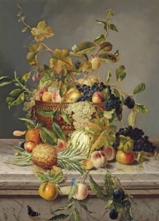 James Charles Ward, R.B.A. - Plums, Greengages, Grapes, Peaches, Apples, Raspberries And Cherries In An Urn On A Marble Ledge, With A Pineapple, Marrow And Other Fruits Beside, Surrounded By Butterflies