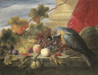 James Charles Ward - Still life of grapes, peaches, plums, cherries, redcurrants, a gourd and a parrot on a stone ledge