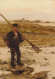 James Charles - A fisherman on the shore with a town beyond