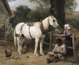 James Clark Waite - Farmyard with Two Figures, Chickens and White Horse in Harness