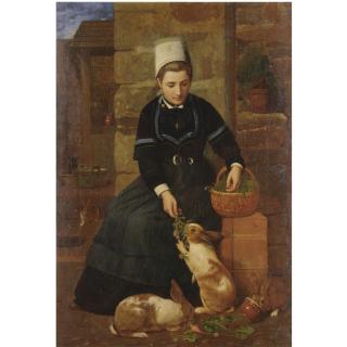 James Collinson - British A Breton Girl With Rabbits