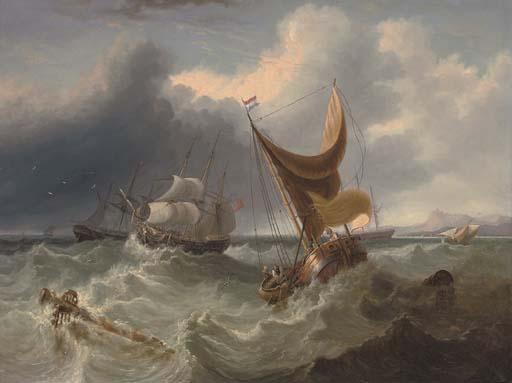 James Duffield Harding, O.W.S. - A crowded merchantman in the Channel amidst other shipping