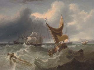 James Duffield Harding, O.W.S. - A crowded merchantman in the Channel amidst other shipping