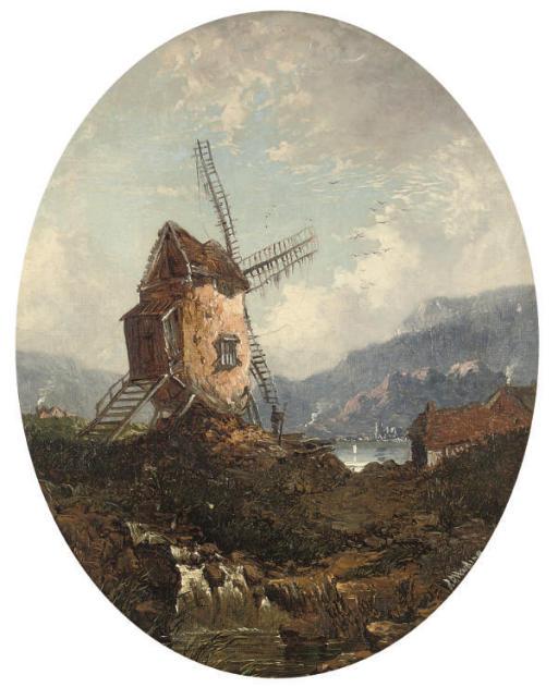 James Duffield Harding R.A. - A windmill beside a lake, in a painted oval
