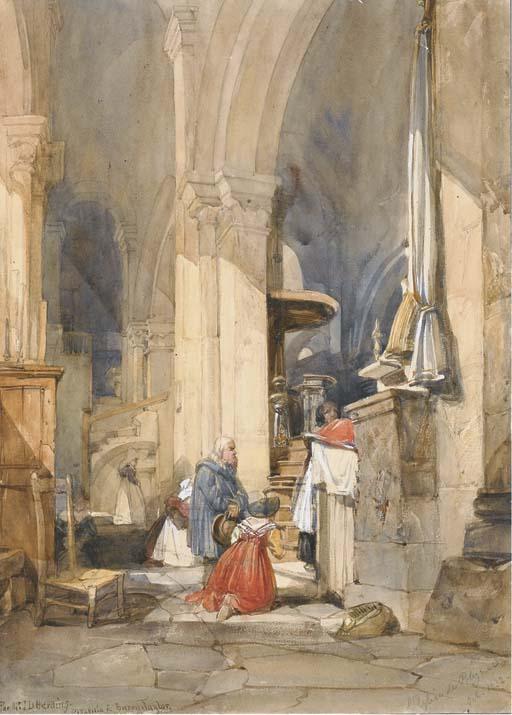 James Duffield Harding - Des figures agenouillées dans l\'église de Polignac