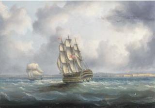 James Edward Buttersworth - A British First Rate in the Atlantic with Cadiz off to starboard