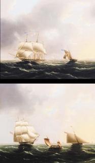James Edward Buttersworth - A frigate reducing sail with the pilot cutter off her port quarter; and An armed brig with the pilot boat ahead of her