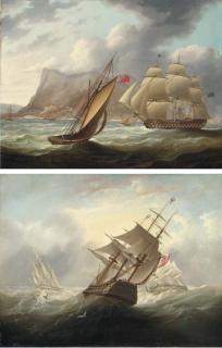 James Edward Buttersworth - A seventy-four gun Third Rate weaving her way through smaller craft as she enters Gibraltar; and Two frigates caught in heavy seas, the larger on a collision course with an on-coming two-decker