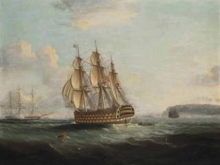 James Edward Buttersworth - A ship of the line off the south coast, with a frigate firing a salute beyond