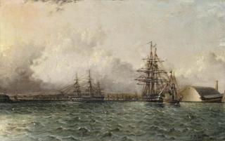 James Edward Buttersworth - An American 74 Gun Ship, 0Ld Brooklyn Navy Yard, East River, New York
