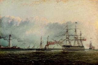 James Edward Buttersworth - An American Ship of the Line under tow off a white lighthouse