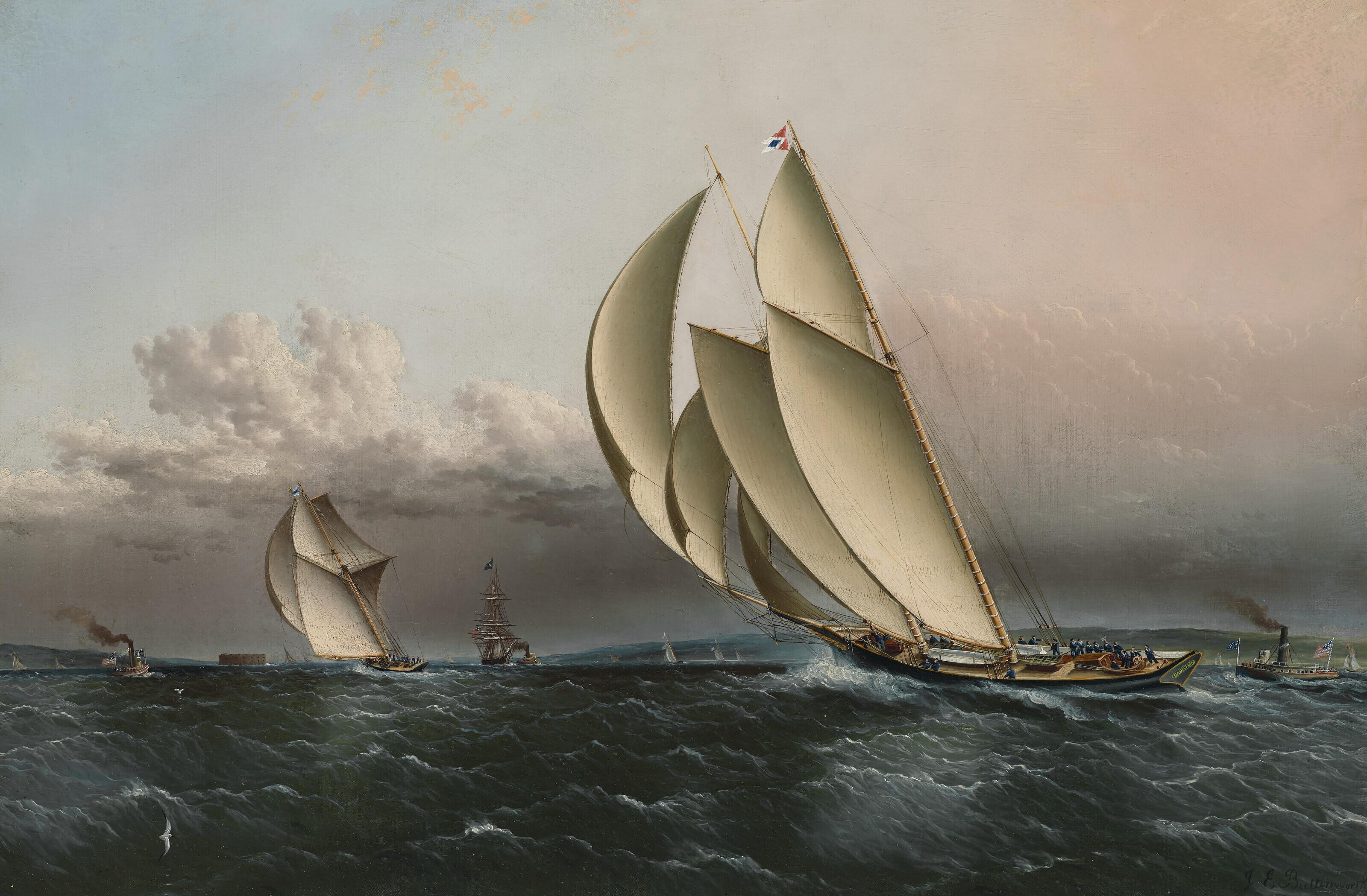 James Edward Buttersworth - Schooner Yacht Foam Leading Dauntless with Castle Garden in the Distance