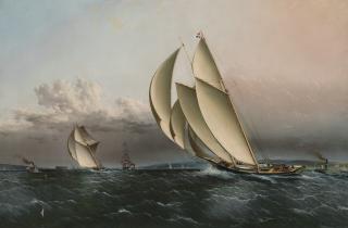 James Edward Buttersworth - Schooner Yacht Foam Leading Dauntless with Castle Garden in the Distance