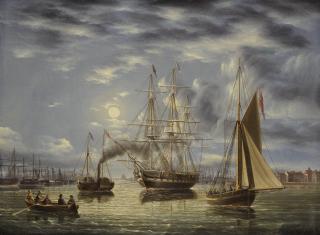 James Edward Buttersworth - Ships In Harbor (Frigate Under Tow On The Thames River With Greenwich In The Distance)