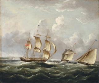 James Edward Buttersworth - Ships of the Royal Navy running up the coast passing a headland