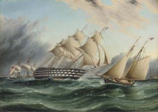 James Edward Buttersworth - The American ship of the line Pennsylvania with a schooner yacht and an American frigate off Sandy Hook