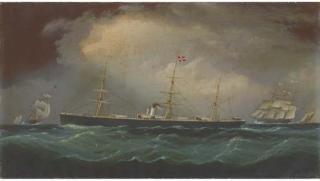 James Edward Buttersworth - The National Line\'s steamer Italy amidst other vessels at sea,with the fast New York to Le Havre sailing packet Mercury off the steamship\'s stern