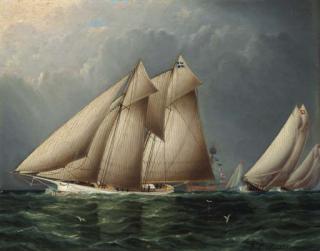 James Edward Buttersworth - The Schooner Yacht Fenella Rounding Sandy Hook Lightship with Estelle Following