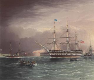 James Edward Buttersworth - The  U.S.S. Pennsylvania  Under Tow at the Outbreak of the American Civil War with Fort Monroe in the Background