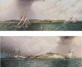 James Edward Buttersworth - View Of Ryde And Pier, Isle Of Wight Opposite Portsmouth And A Three Decker Off Dover Castle With Shakespeare Cliff In The Distance