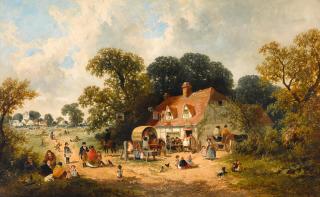 James Edwin Meadows - Figures outside an Inn with a fair beyond
