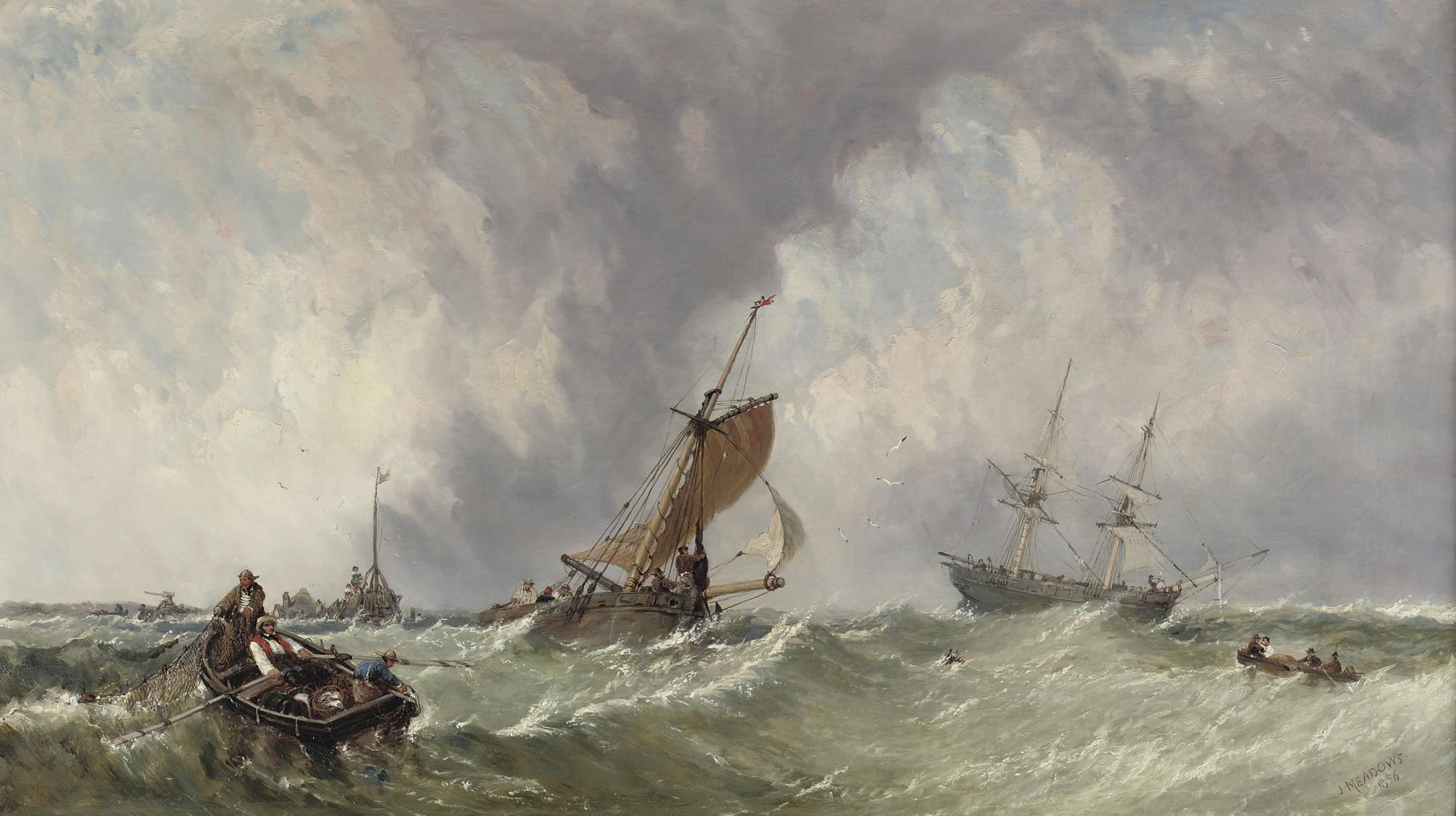 James Edwin Meadows - Fishing boats off a jetty on a squall