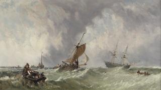 James Edwin Meadows - Fishing boats off a jetty on a squall