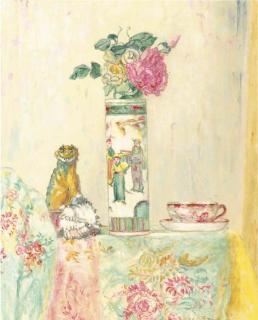 James Ensor - A still life with roses in a vase and chinoiseries on a draped table
