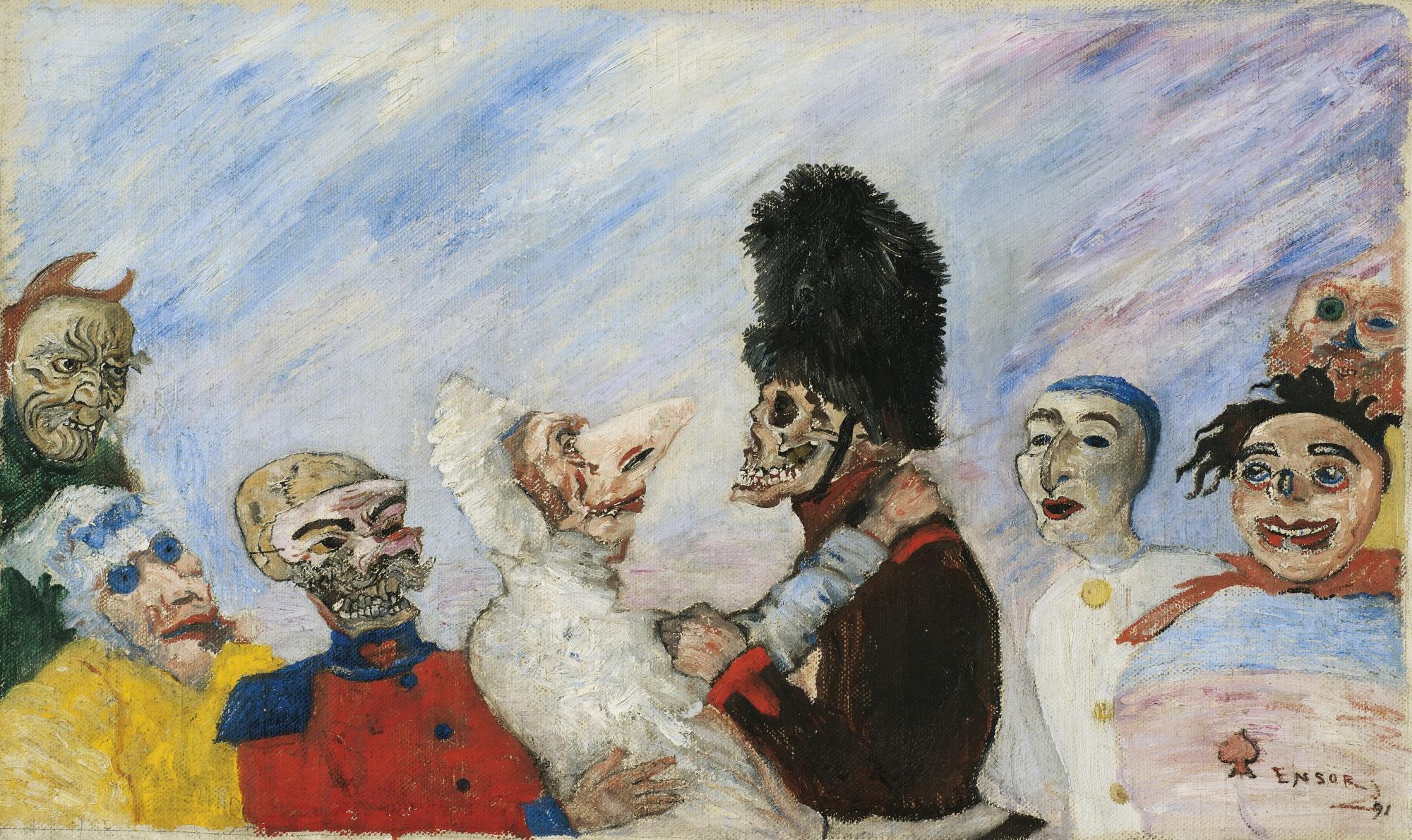 James Ensor - Squelette Arrêtant Masquessigned Ensor And Dated 91 (Lower Right); Oil On Canvas. Painted In 1891.