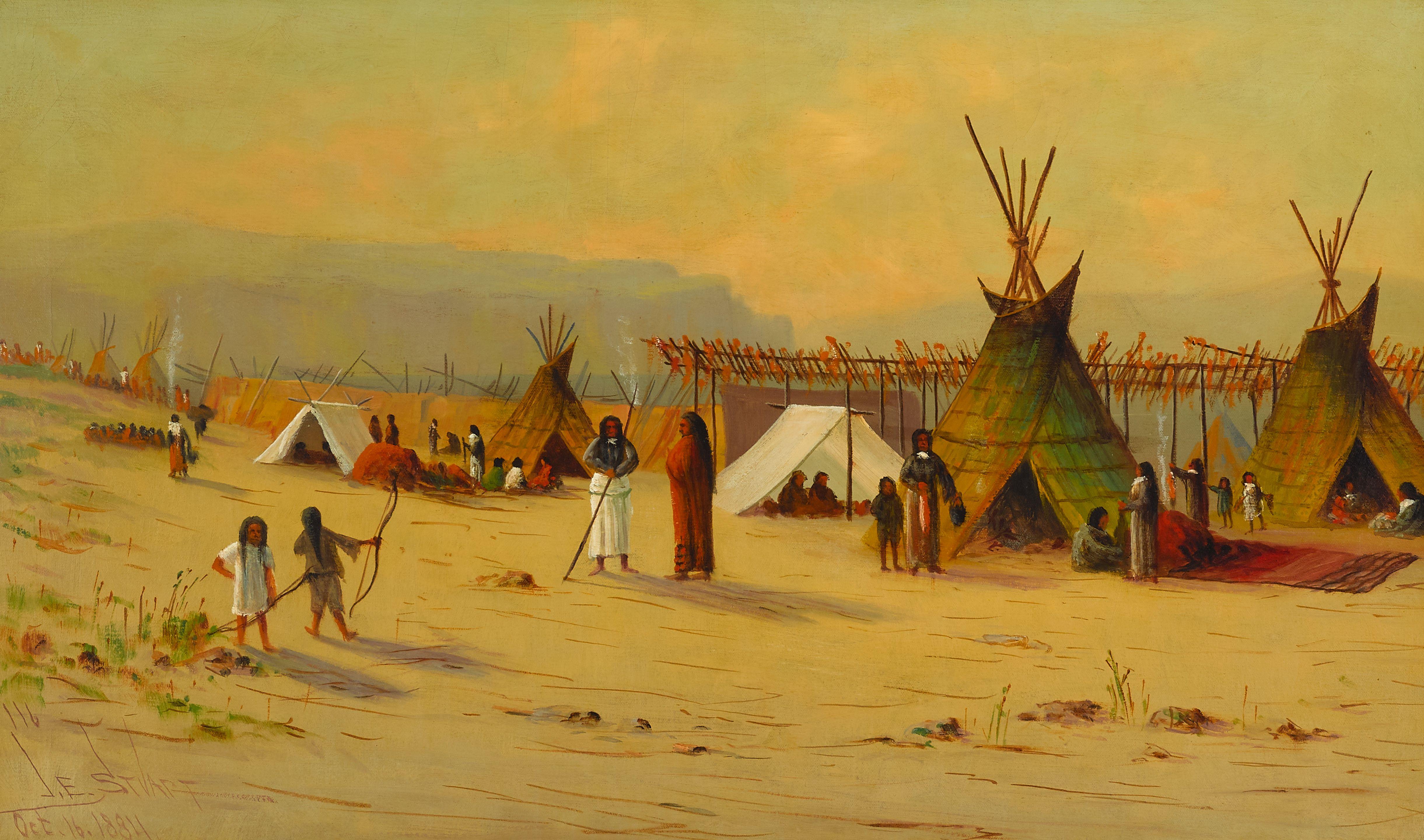 James Everett Stuart - Indian Salmon Fishing Camp at Celilo on the Columbia River, Oregon.