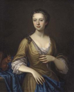 James Fellowes - Portrait of Margaret Aldersey, three-quarter-length, in a yellow dress and blue wrap, a sqirrel by her side