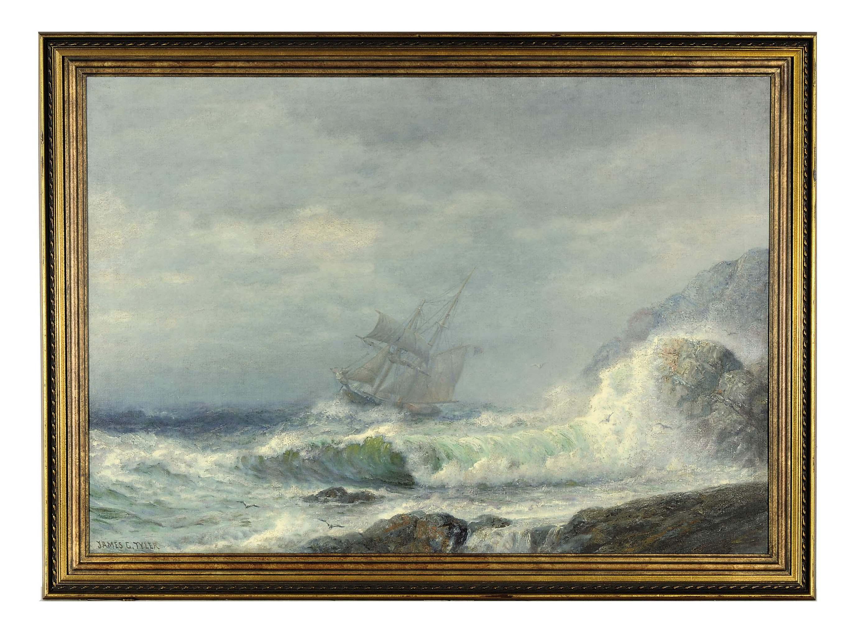 James Gale Tyler - A ship off a rocky coast in a storm