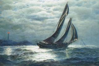 James Gale Tyler - Fishing vessels off a lighthouse by moonlight